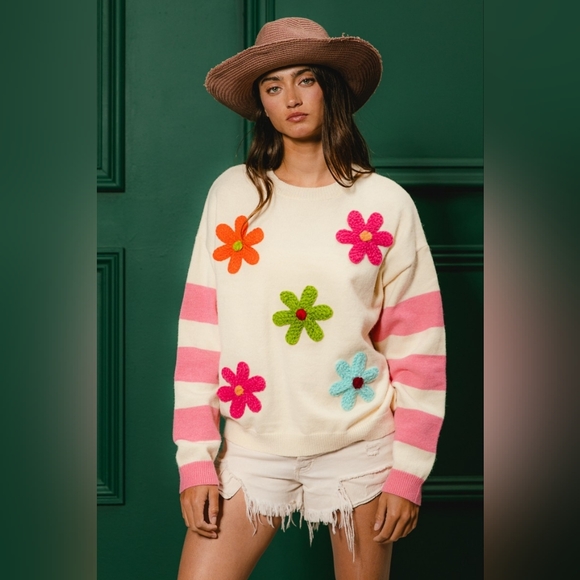 BiBi Colorful Floral Patched Sweater with Striped Sleeve - Picture 4 of 15
